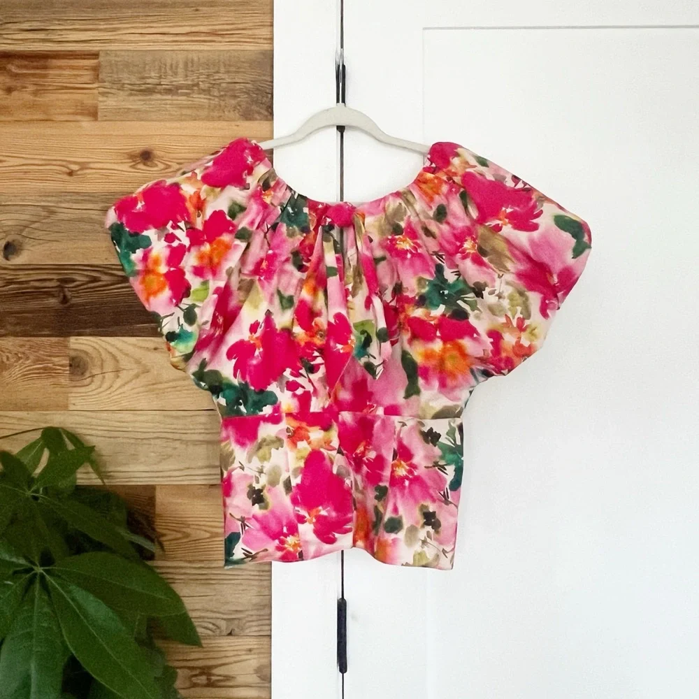 J.Crew Cecily Top Floral Poplin V-Neck Puff Sleeve